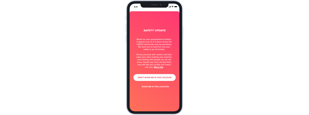 An example of an ethical nudge: the dating app Tinder asks users in regions unsafe for LGBTQ+ individuals if they want to share their location
