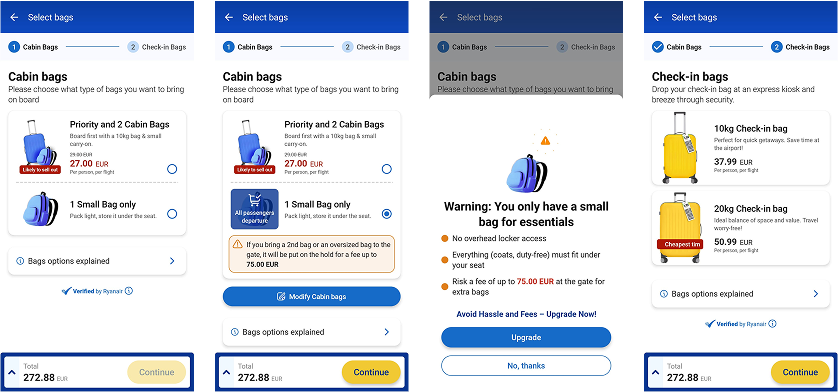 חברת התעופה Ryanair מנצלים את העומס הקוגניטיבי של המשתמשים ומקשים על האפשרות לסרב לרכישת מזוודה נוספת