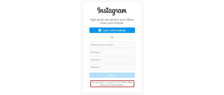 בתהליך ההרשמה ל-Instagram, ברירת מחדל מאלצת את המשתמש להסכים לתנאים, מה שמוביל להסכמה אוטומטית